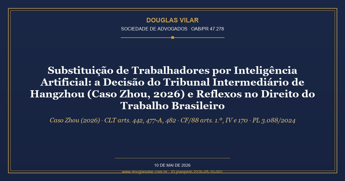 Capa: Substituição de Trabalhadores por Inteligência Artificial: a Decisão do Tribunal Intermediário de Hangzhou (Caso Zhou, 2026) e Reflexos no Direito do Trabalho Brasileiro