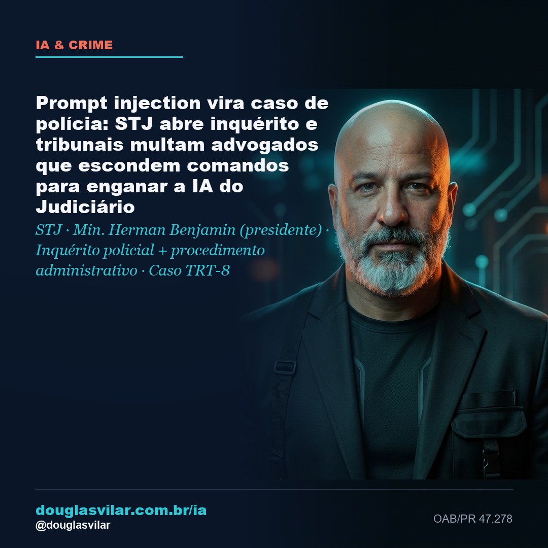 Capa: Prompt injection vira caso de polícia: STJ abre inquérito e tribunais multam advogados que escondem comandos para enganar a IA do Judiciário