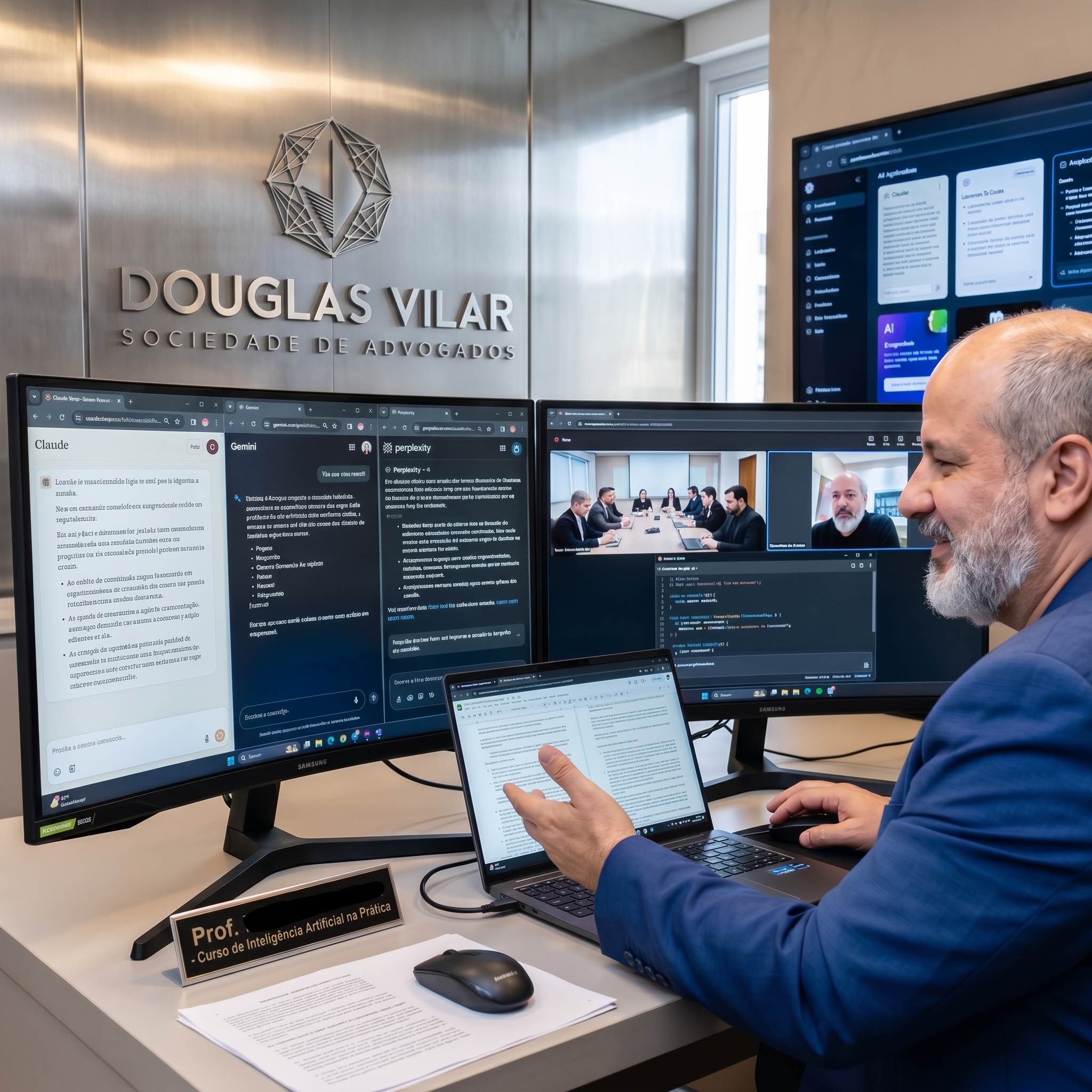 Douglas Vilar no escritório — quatro telas com Claude, Gemini, Perplexity e reunião por videoconferência, notebook na mão