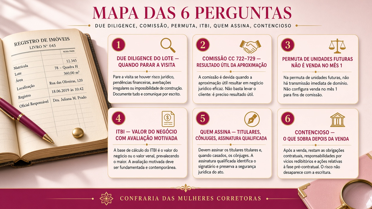 Infográfico editorial — mapa das seis perguntas jurídicas: due diligence do lote; comissão Código Civil arts. 722 a 729; permuta de unidades futuras; ITBI e valor do negócio; quem assina o lote; o que sobra no contencioso. Confraria das Mulheres Corretoras.