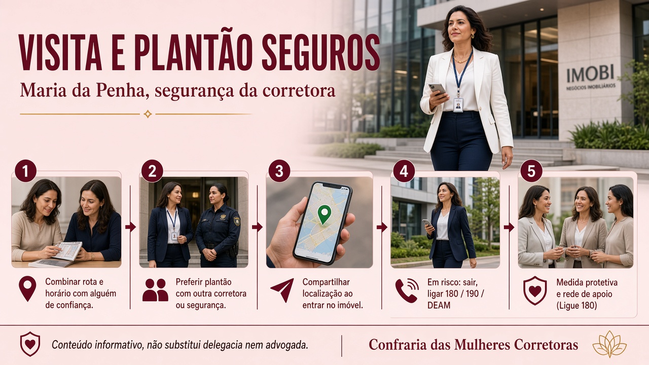 Infográfico editorial — fluxo de visita e plantão seguros para a corretora: combinar rota e horário; preferir plantão acompanhado; compartilhar localização; em risco sair e ligar 180, 190 ou DEAM; medida protetiva e rede de apoio. Conteúdo informativo; não substitui delegacia nem advogada. Confraria das Mulheres Corretoras · Maria da Penha.