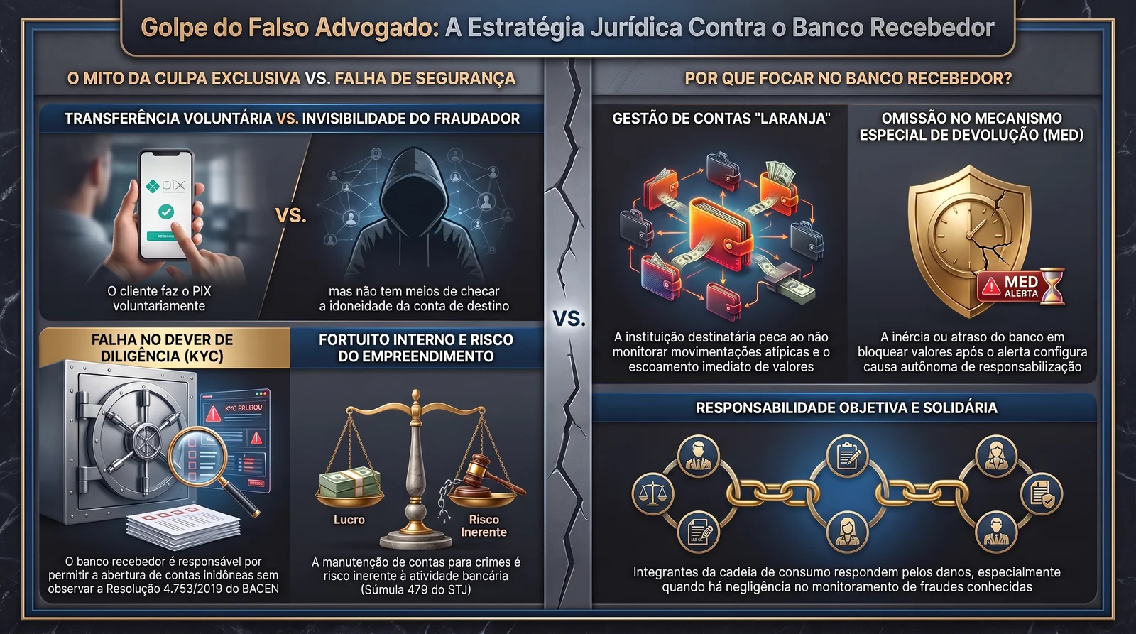 Infográfico — Golpe do Falso Advogado: a estratégia jurídica contra o banco recebedor. O mito da culpa exclusiva versus falha de segurança (transferência voluntária, dever de diligência KYC, fortuito interno, Súmula 479/STJ) e por que focar no banco recebedor (gestão de contas laranja, omissão no MED, responsabilidade objetiva e solidária).