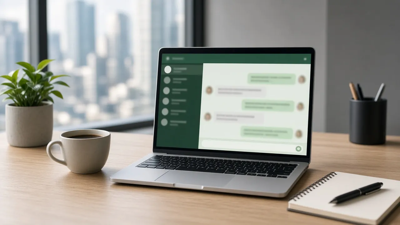 Escritório com notebook aberto em uma conversa de WhatsApp
